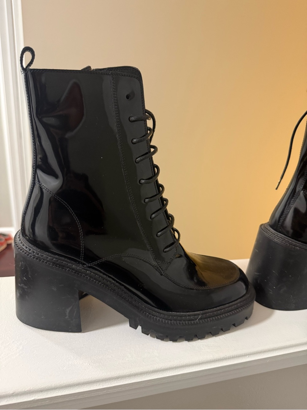 Vic Matie Women's Black Patent Lace-Up Chunky Heel Boots